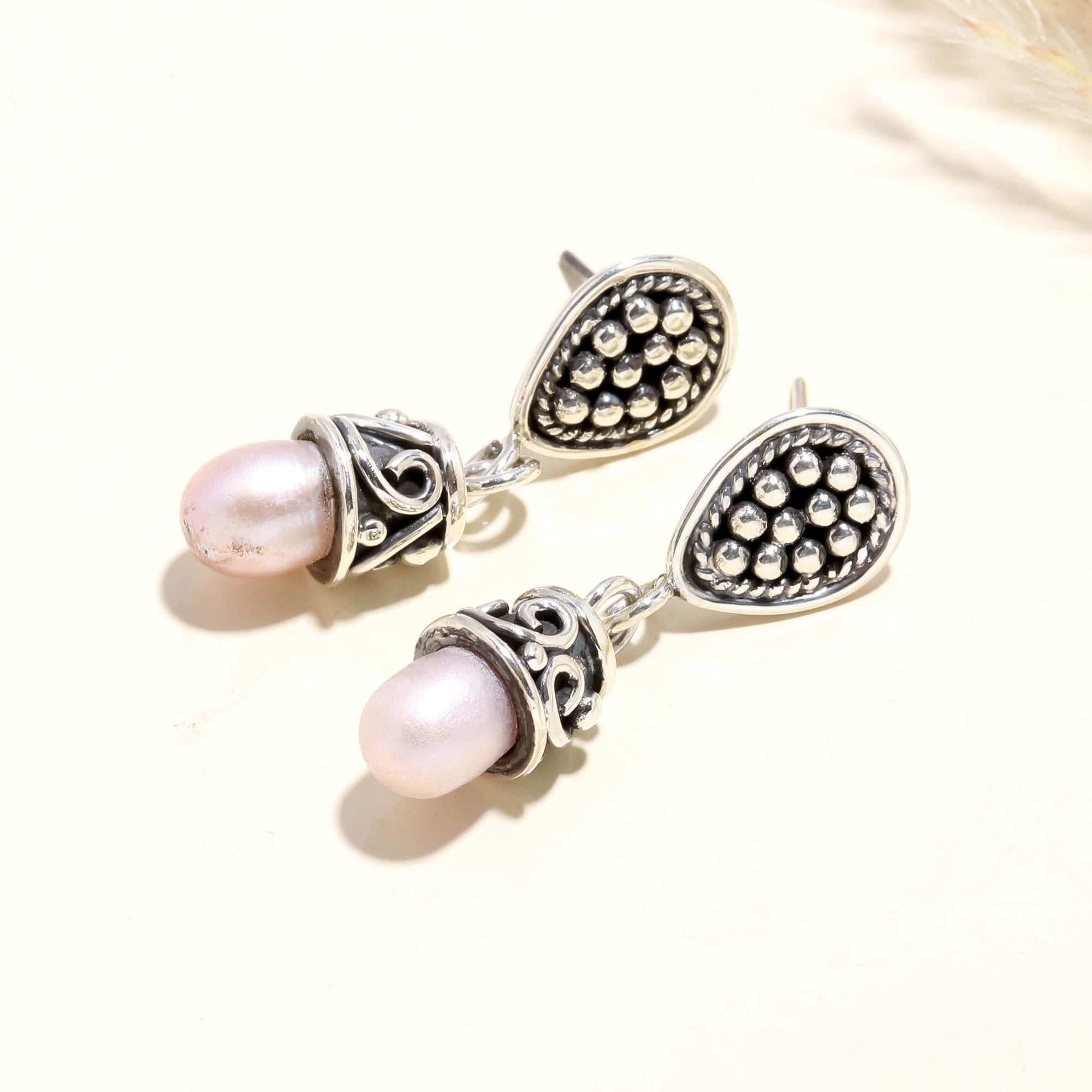 925 Sterling Silver Pearl Vintage Boho Dangle Earrings