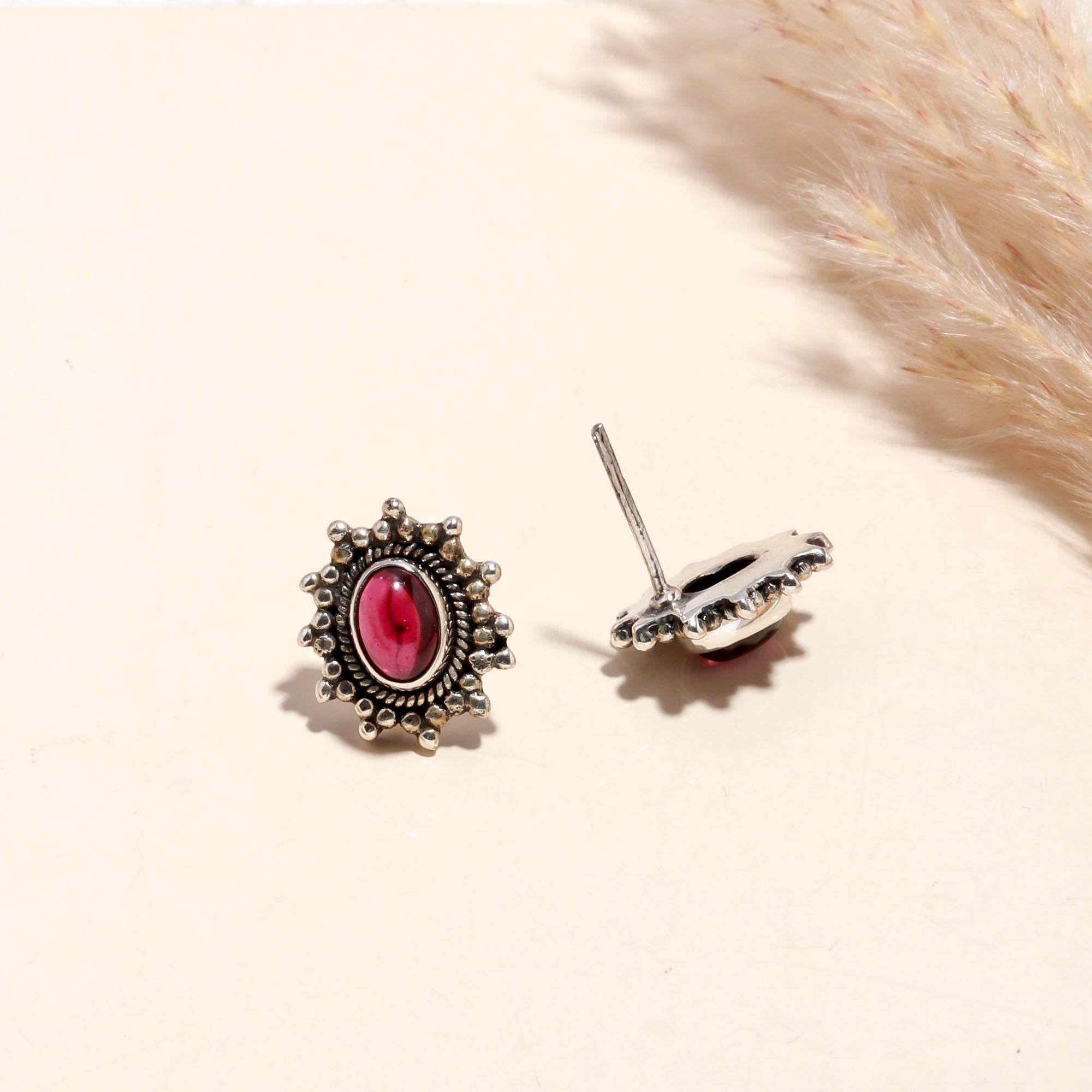 925 Sterling Silver Garnet Vintage Boho Stud Earrings