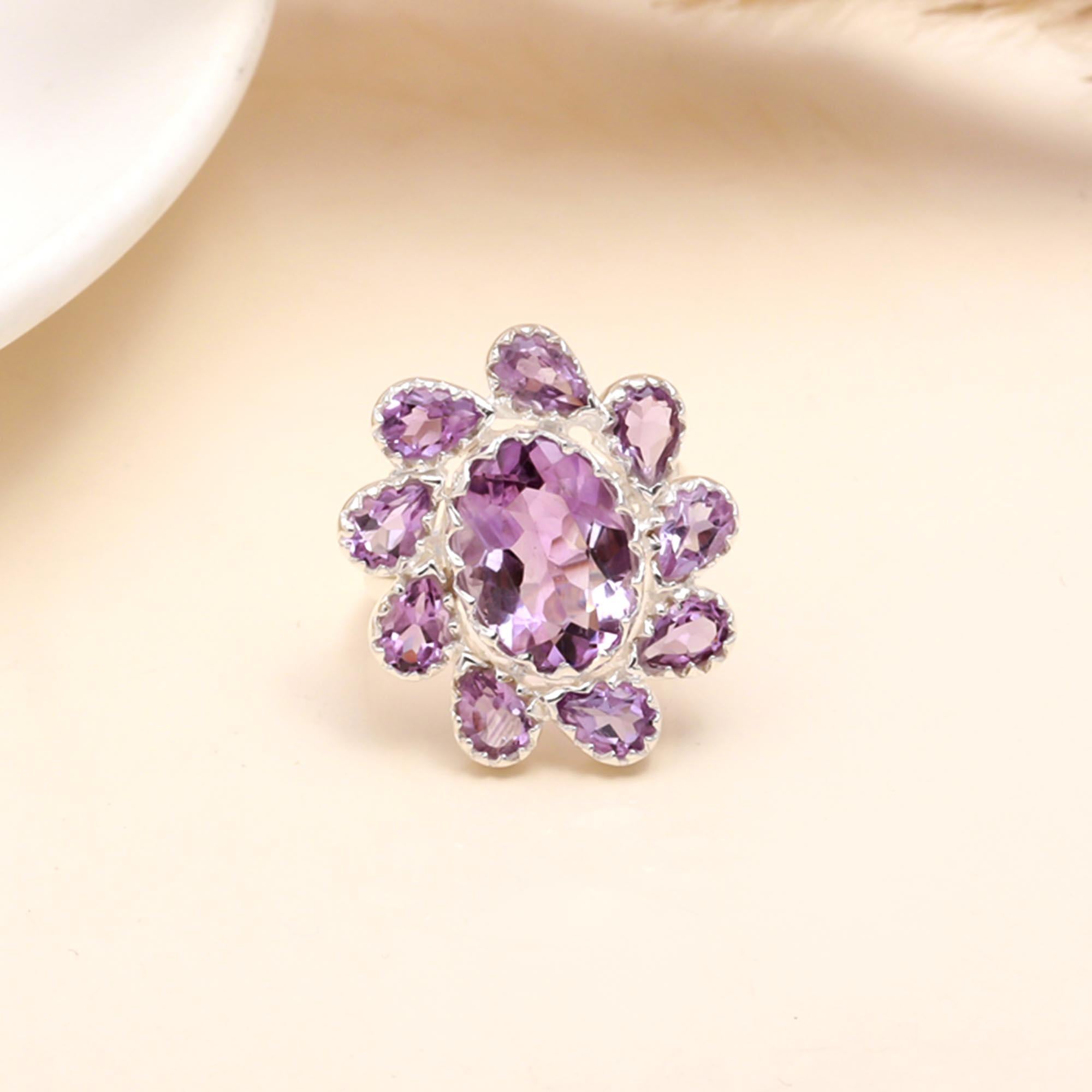 The Violet Bloom: Amethyst  Silver Floral Cluster Ring