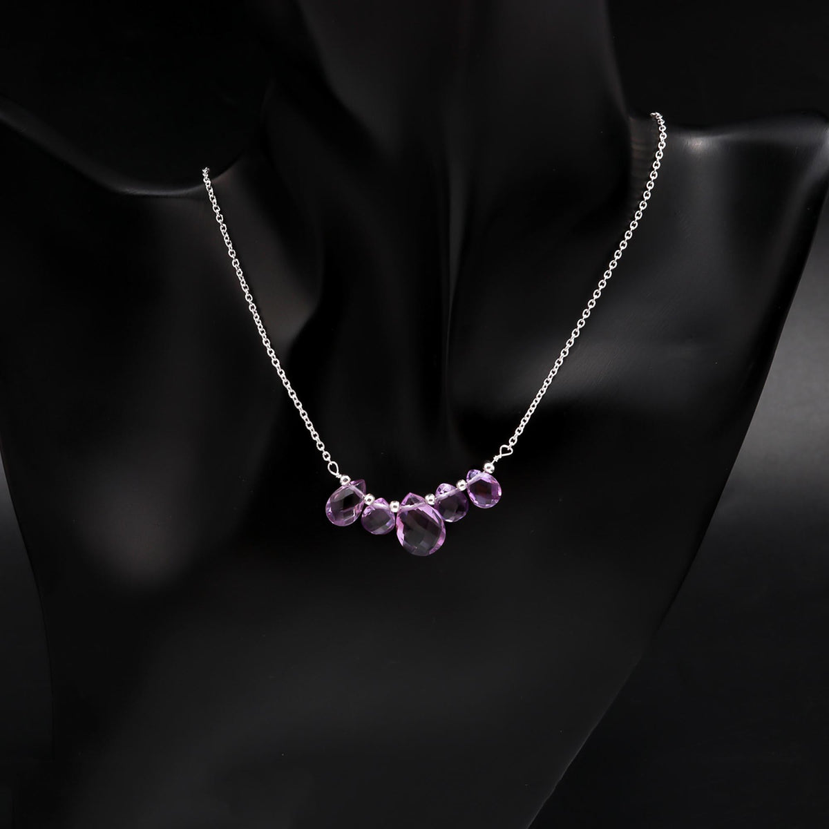 925 Sterling Silver Teardrop Amethyst Cluster Pendant Necklace