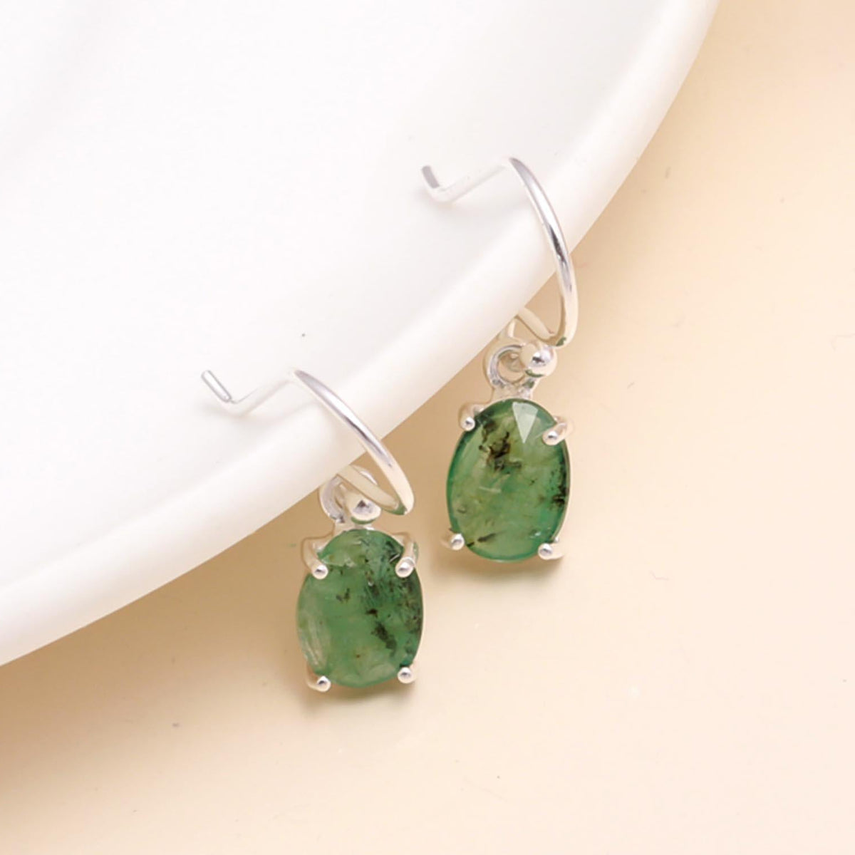925 Sterling Silver Natural Emerald Dangle Earrings