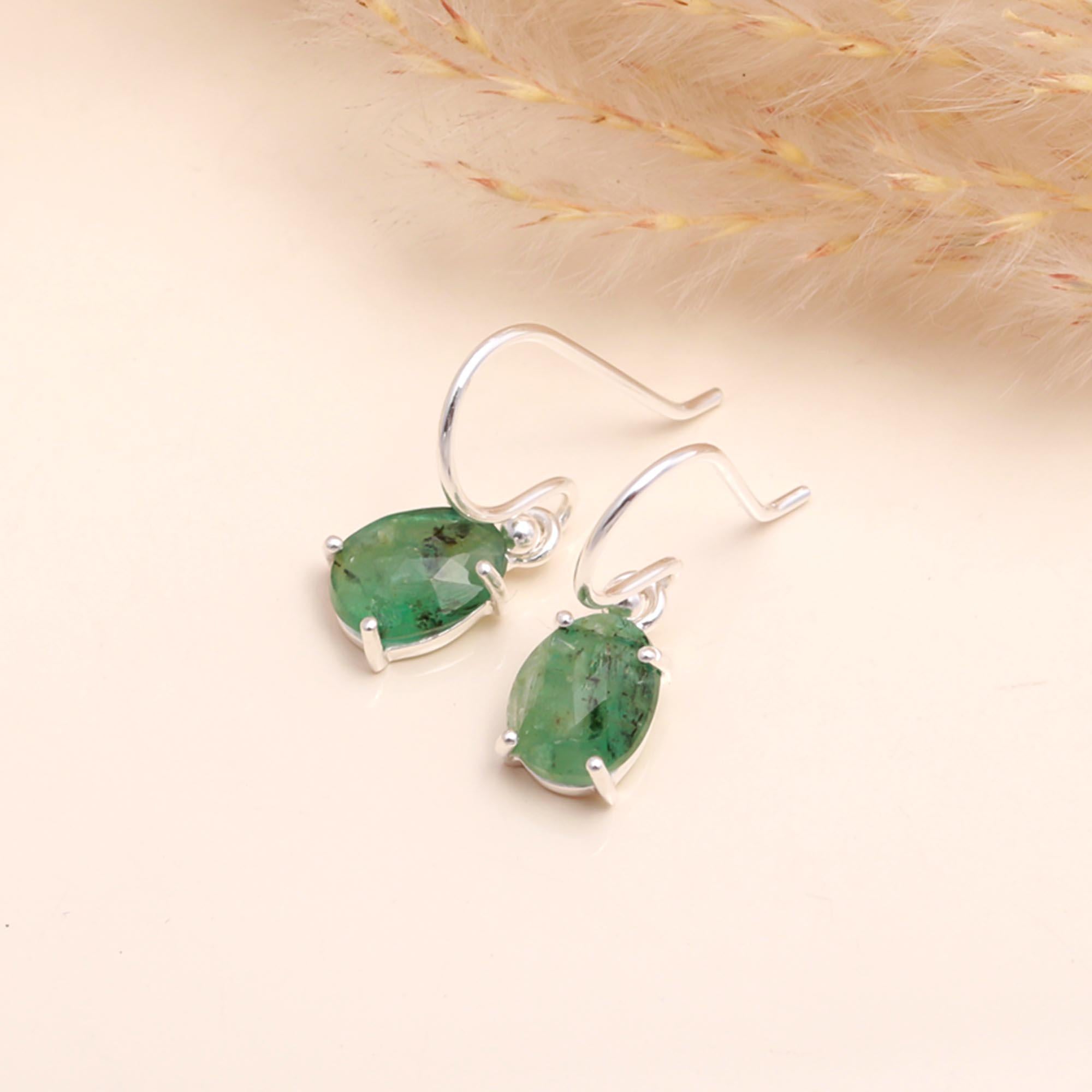925 Sterling Silver Natural Emerald Dangle Earrings