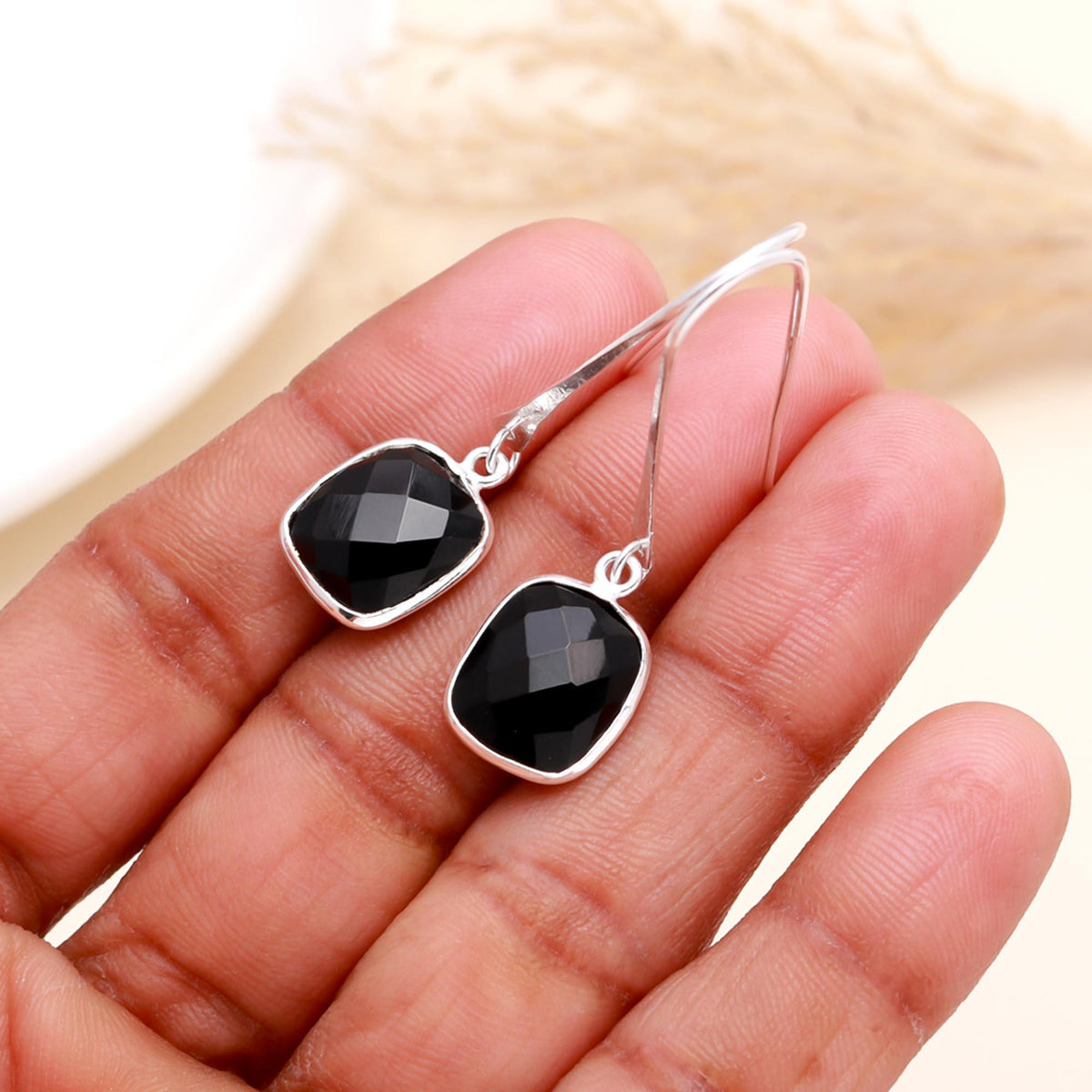 925 Sterling Silver Black Onyx Cushion-Cut Drop Earrings