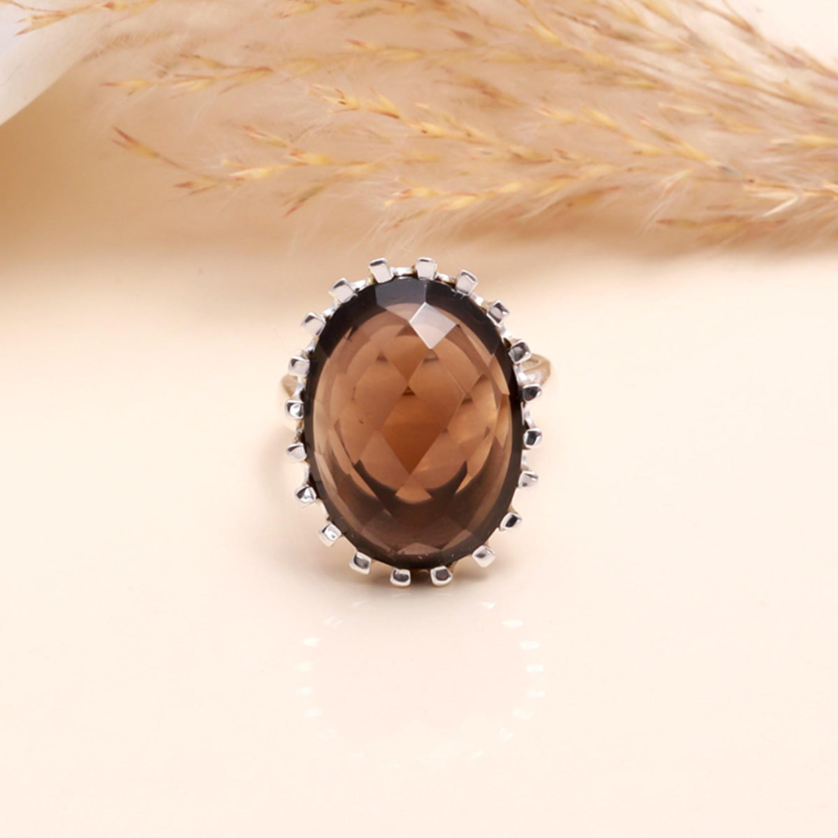925 Sterling Silver Oval Smoky Quartz Statement Ring