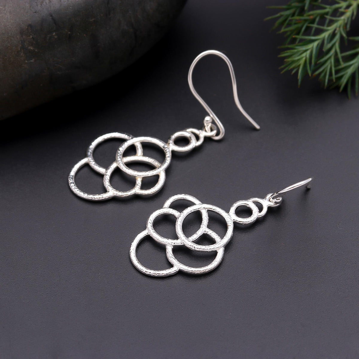 925 Silver Multi-Circle Textured Dangle Earrings