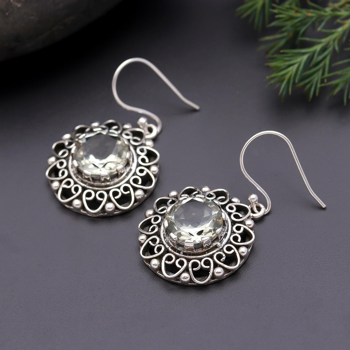 925 Silver Filigree Green Amethyst Dangle Earrings