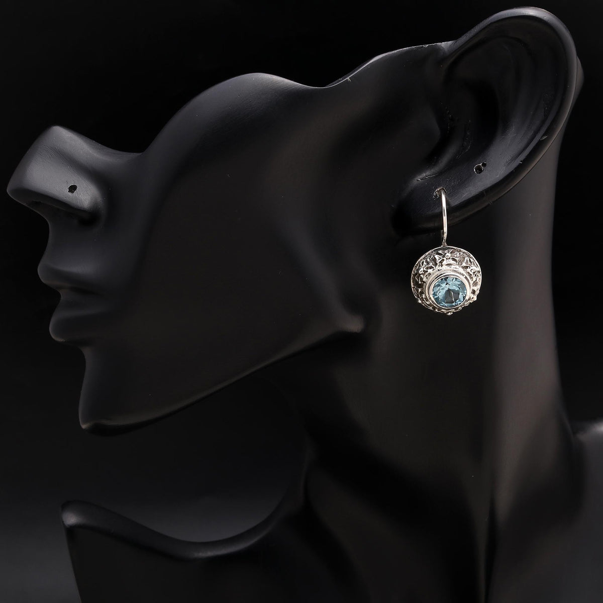 925 Silver Blue Topaz Textured Frame Dangle Earrings