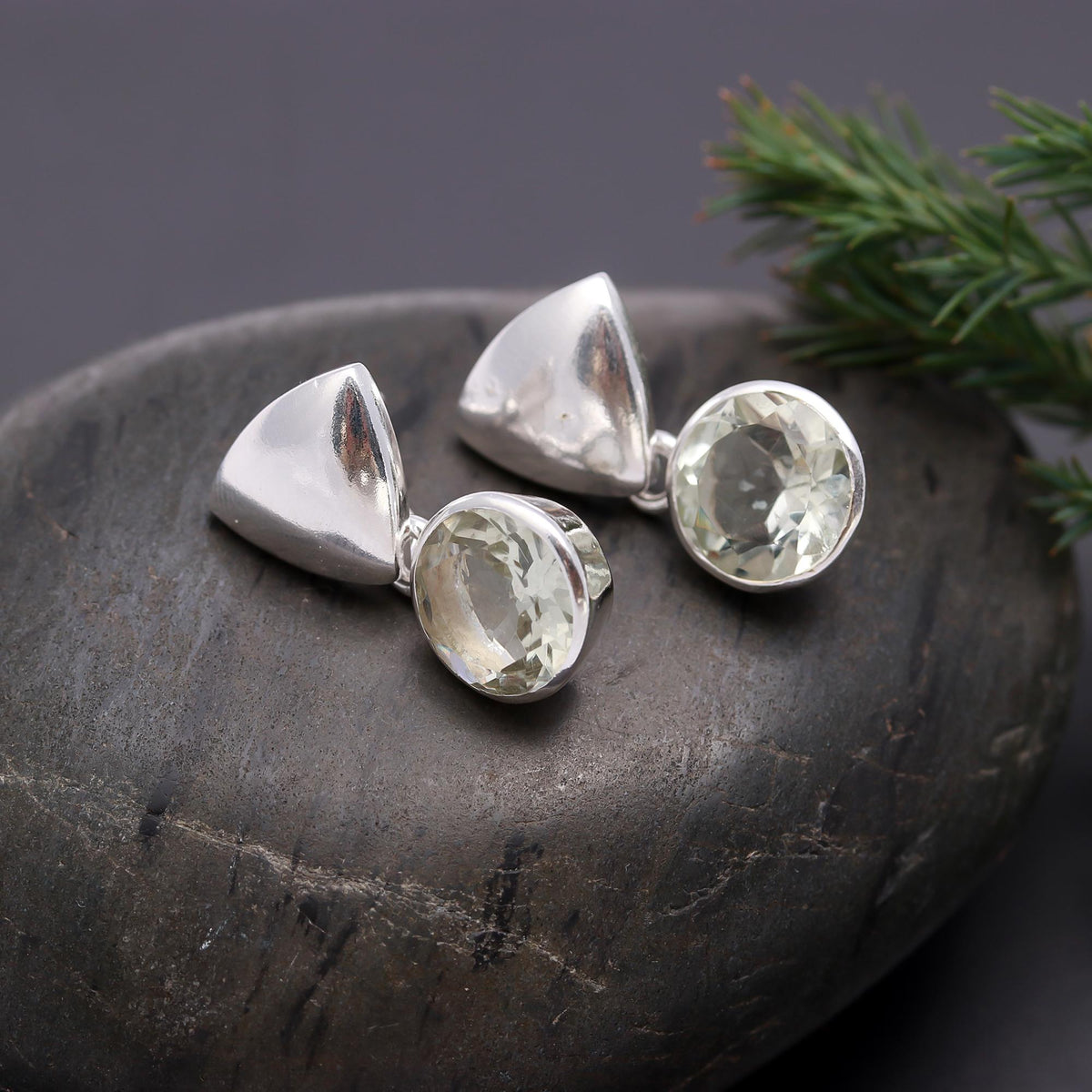 925 Silver Round Green Amethyst Drop Earrings