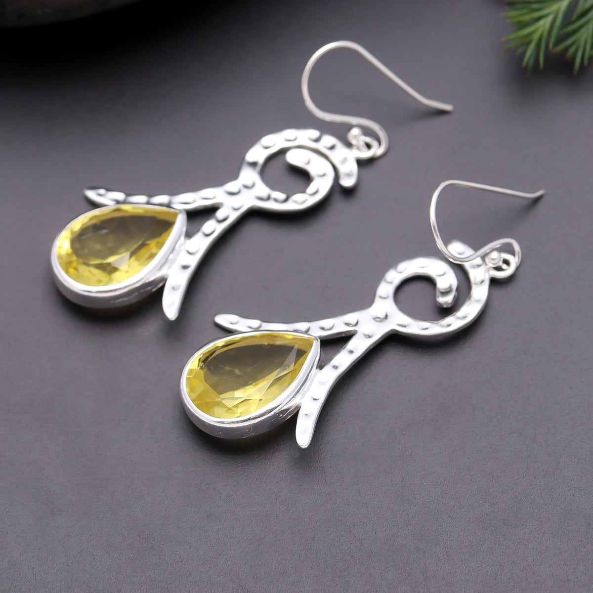 925 Silver Swirl Yellow Quartz Dangle Earrings