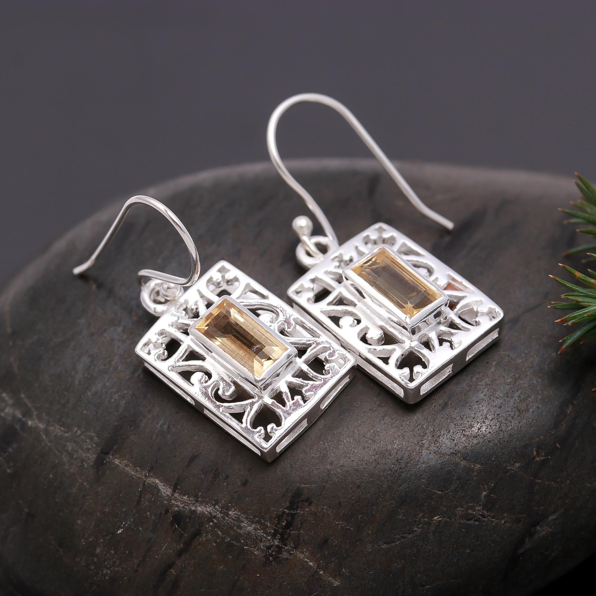 925 Silver Citrine Filigree Dangle Earrings