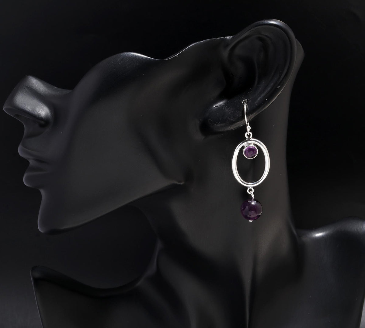 925 Silver Amethyst Beads Oval Hoop Dangle Earrings