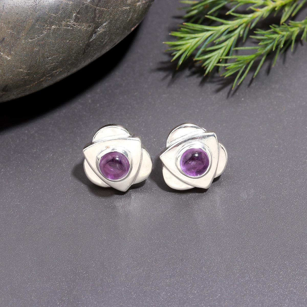925 Silver Round Amethyst Floral Stud Earrings