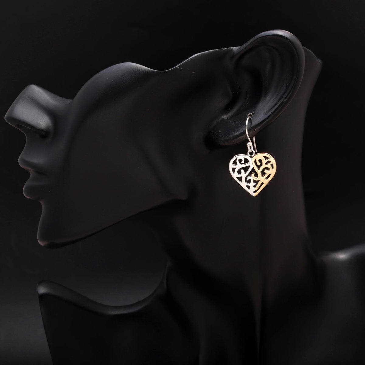 925 Silver Two-Tone Heart Filigree Dangle Earrings