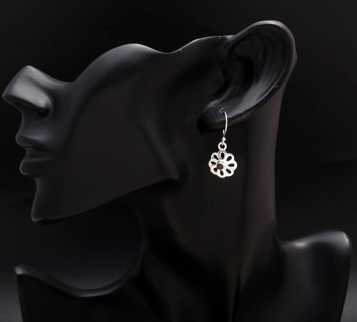 925 Silver Floral Cutout Garnet Dangle Earrings