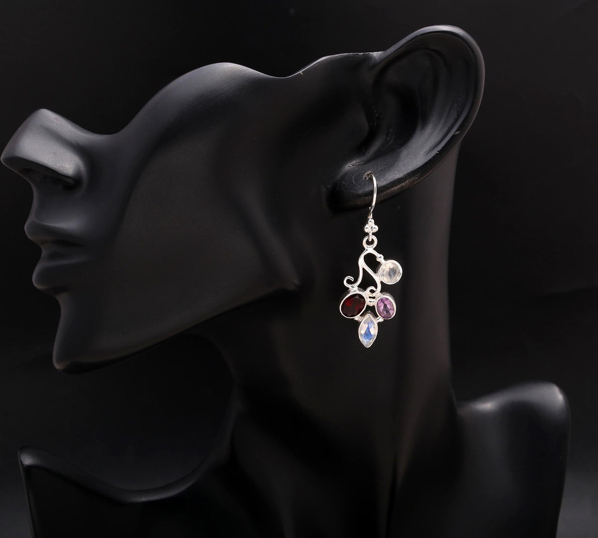 925 Silver Multi-Gemstone Floral Dangle Earrings