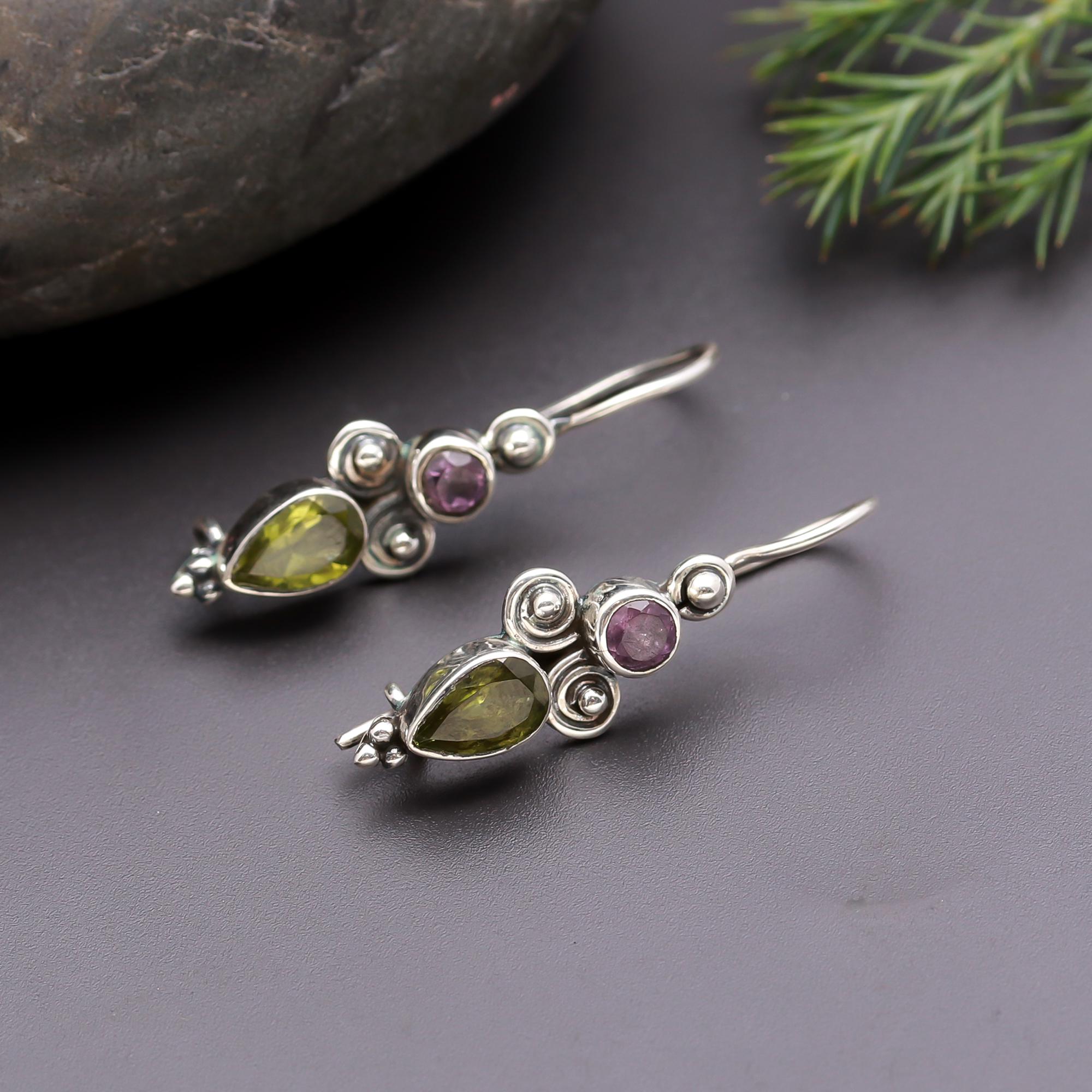 925 Silver Peridot and Amethyst Boho Dangle Earrings