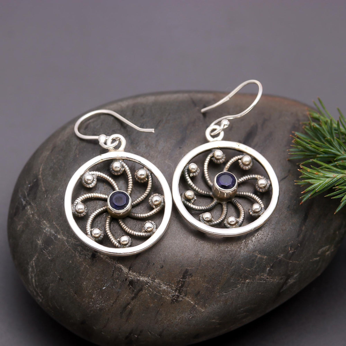 925 Silver Round Filigree Amethyst Dangle Earrings