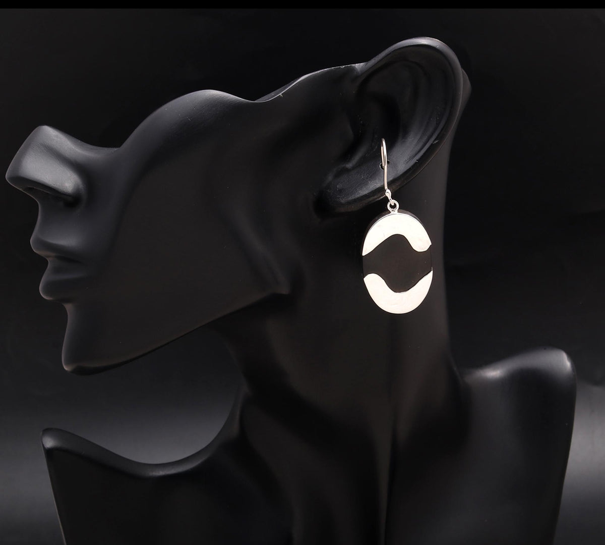 925 Silver Oval Black Ebony Wood Dangle Earrings