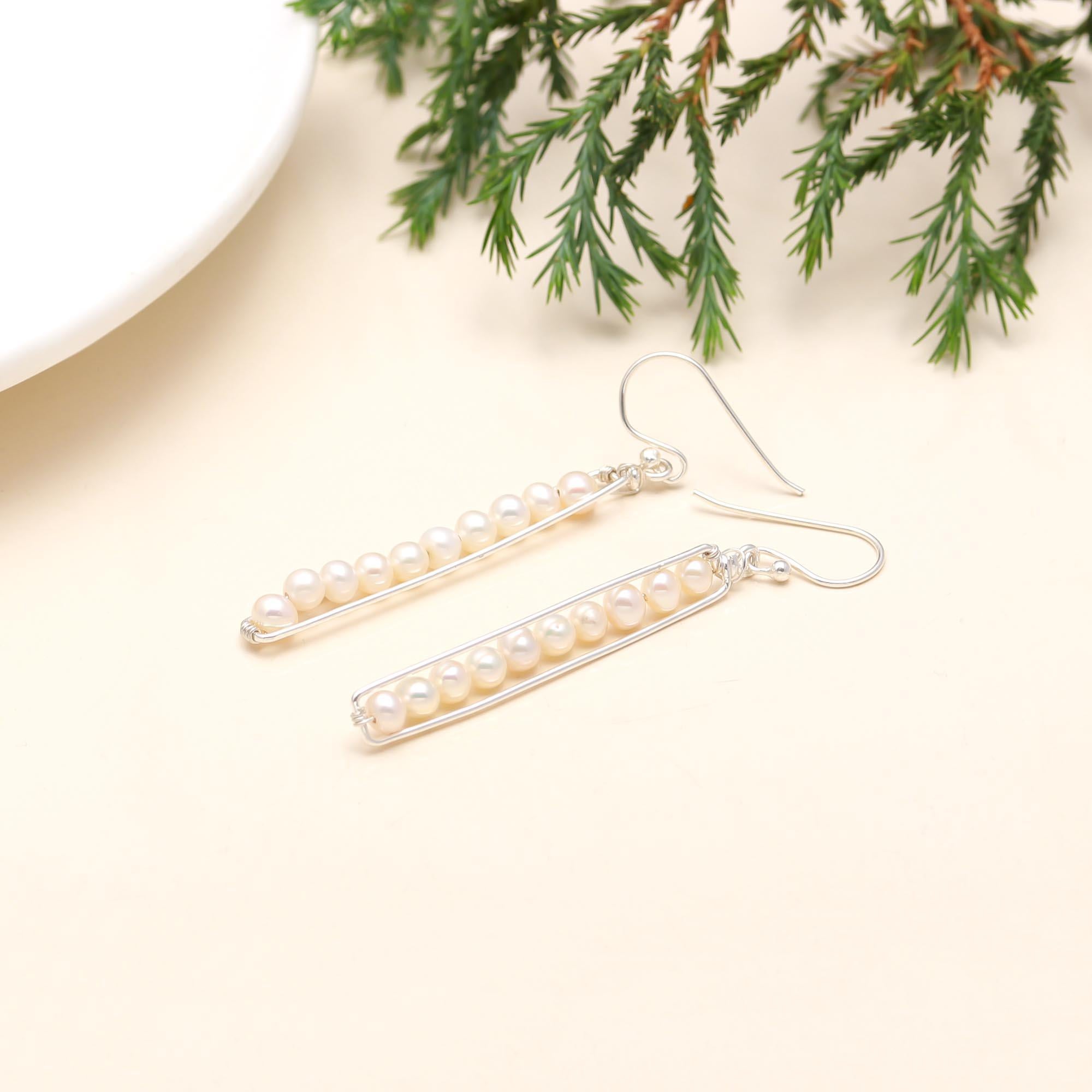 The Linear Luster: Sterling Silver & Pearl Bar Drop Earrings