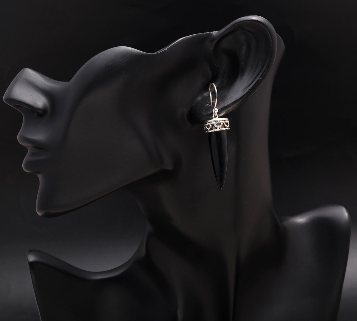 925 Silver Black Agate Spike Dangle Earrings