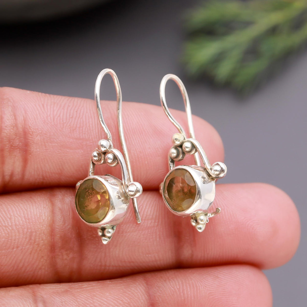 925 Silver Round Citrine Dangle Earrings