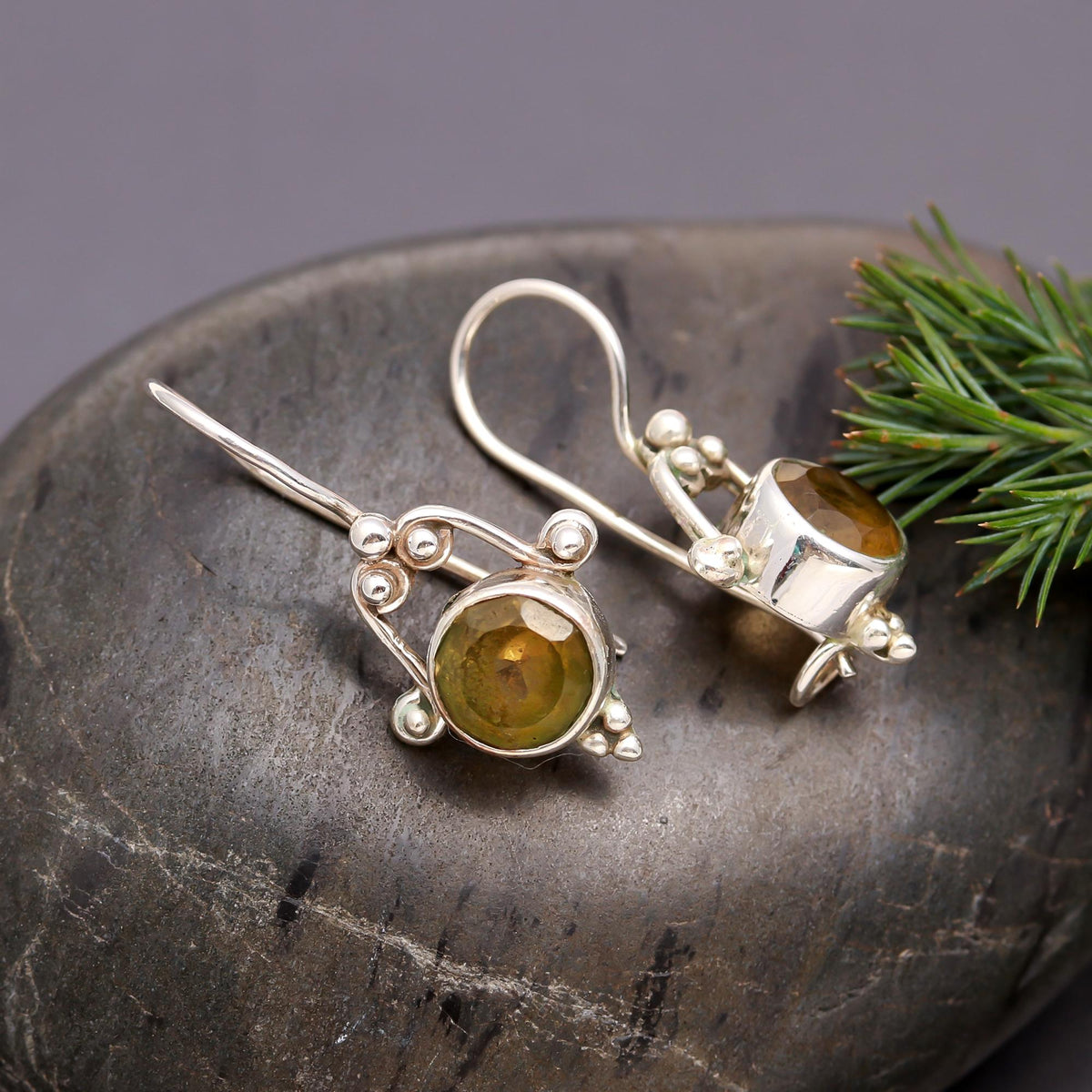 925 Silver Round Citrine Dangle Earrings