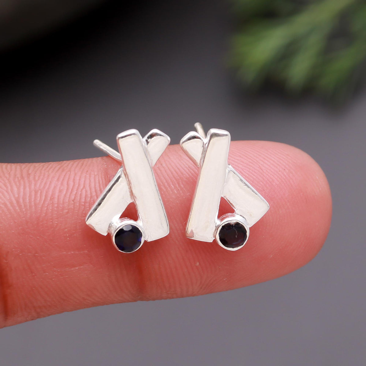 The Abstract Edge: Silver Geometric Iolite Stud Earrings