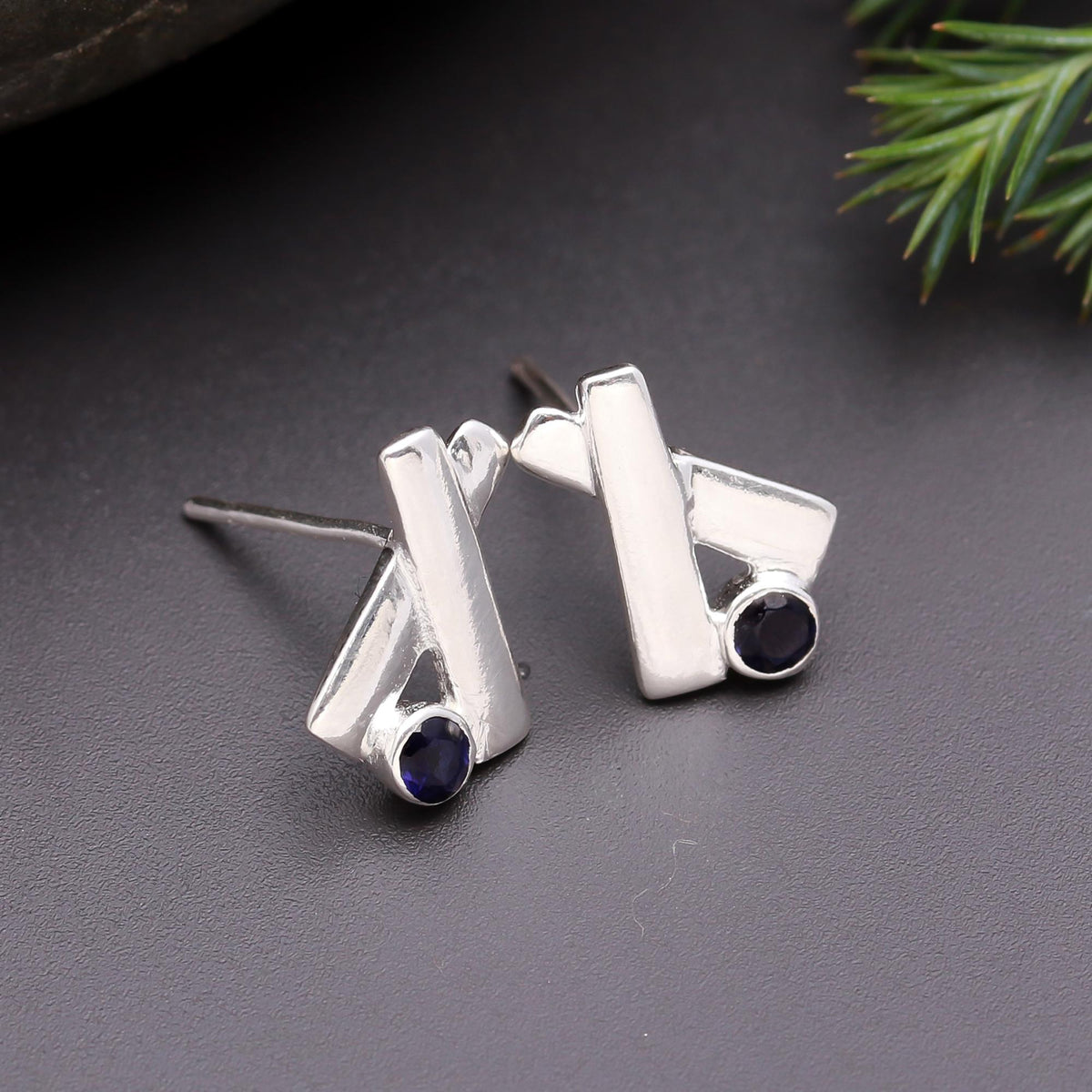 The Abstract Edge: Silver Geometric Iolite Stud Earrings