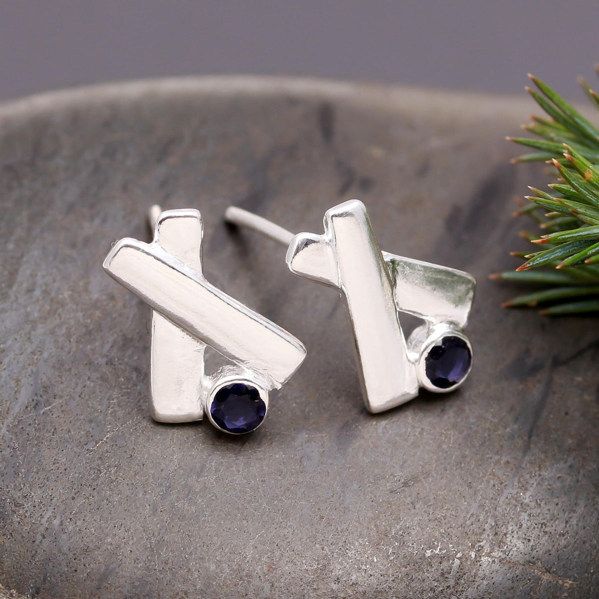 The Abstract Edge: Silver Geometric Iolite Stud Earrings