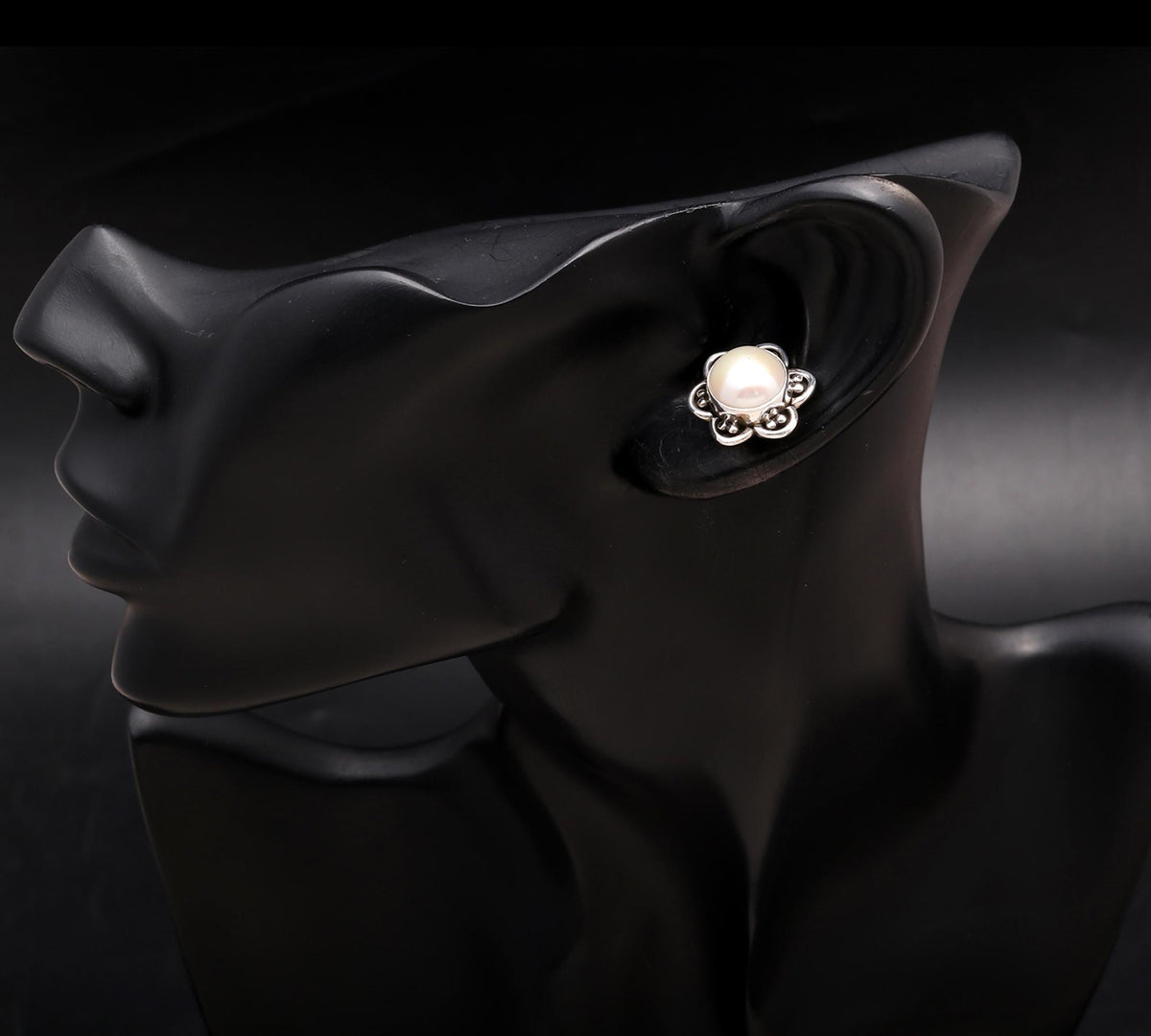 925 Silver Round White Pearl Floral Stud Earrings