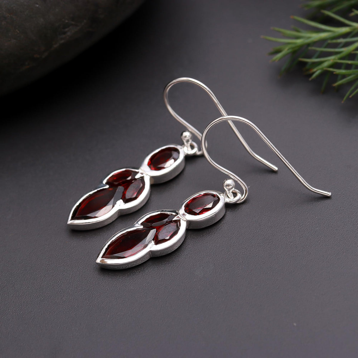 925 Silver Multi-Cut Garnet Drop Earrings