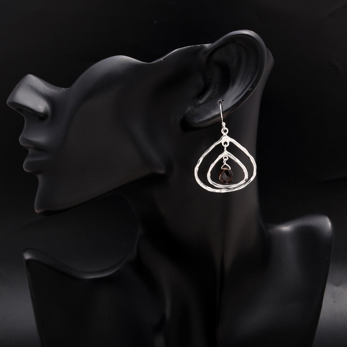 925 Silver Smoky Quartz Hammered Drop Earrings