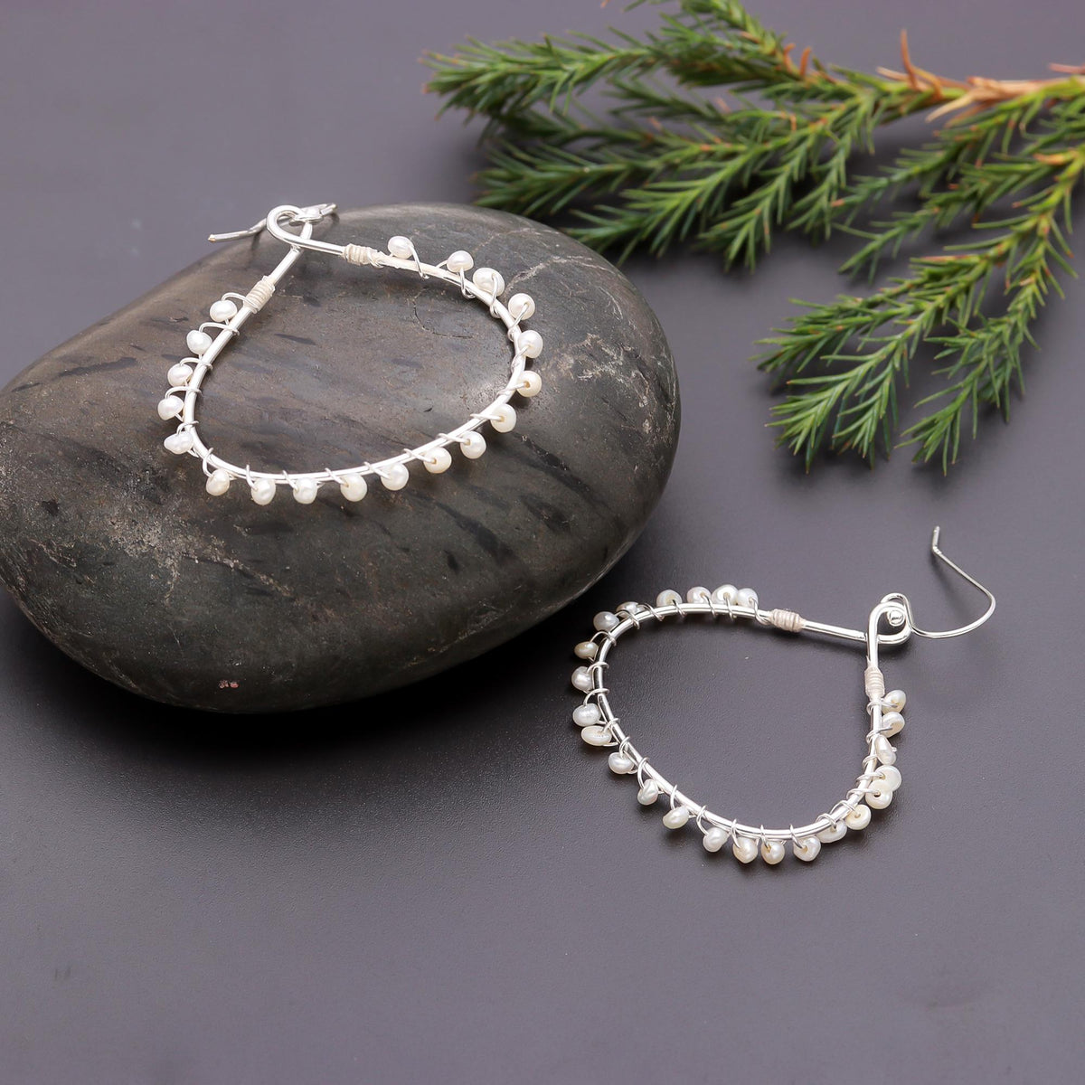 925 Silver Teardrop Wire Pearls Dangle Earrings