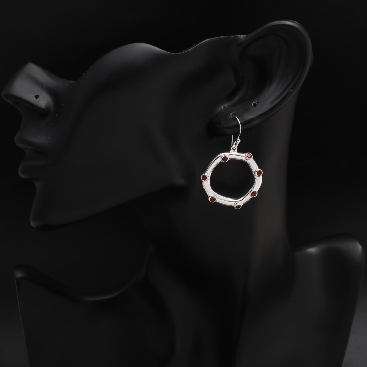 925 Silver Circle Garnet Dangle Earrings