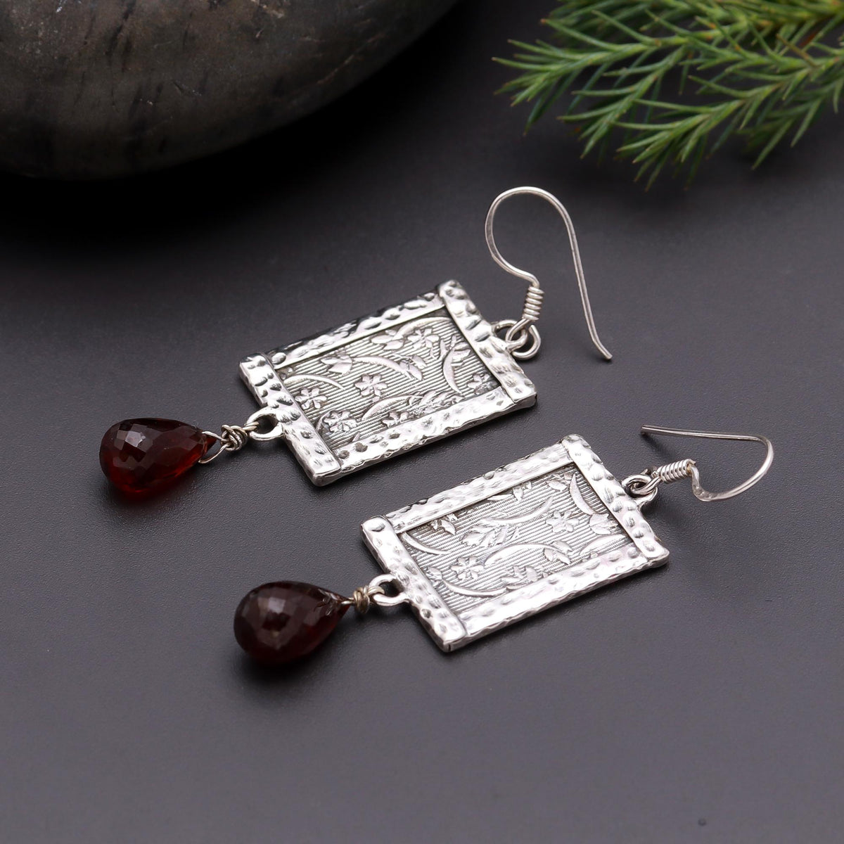 925 Silver Floral Engraved Rectangle Dangle Earrings