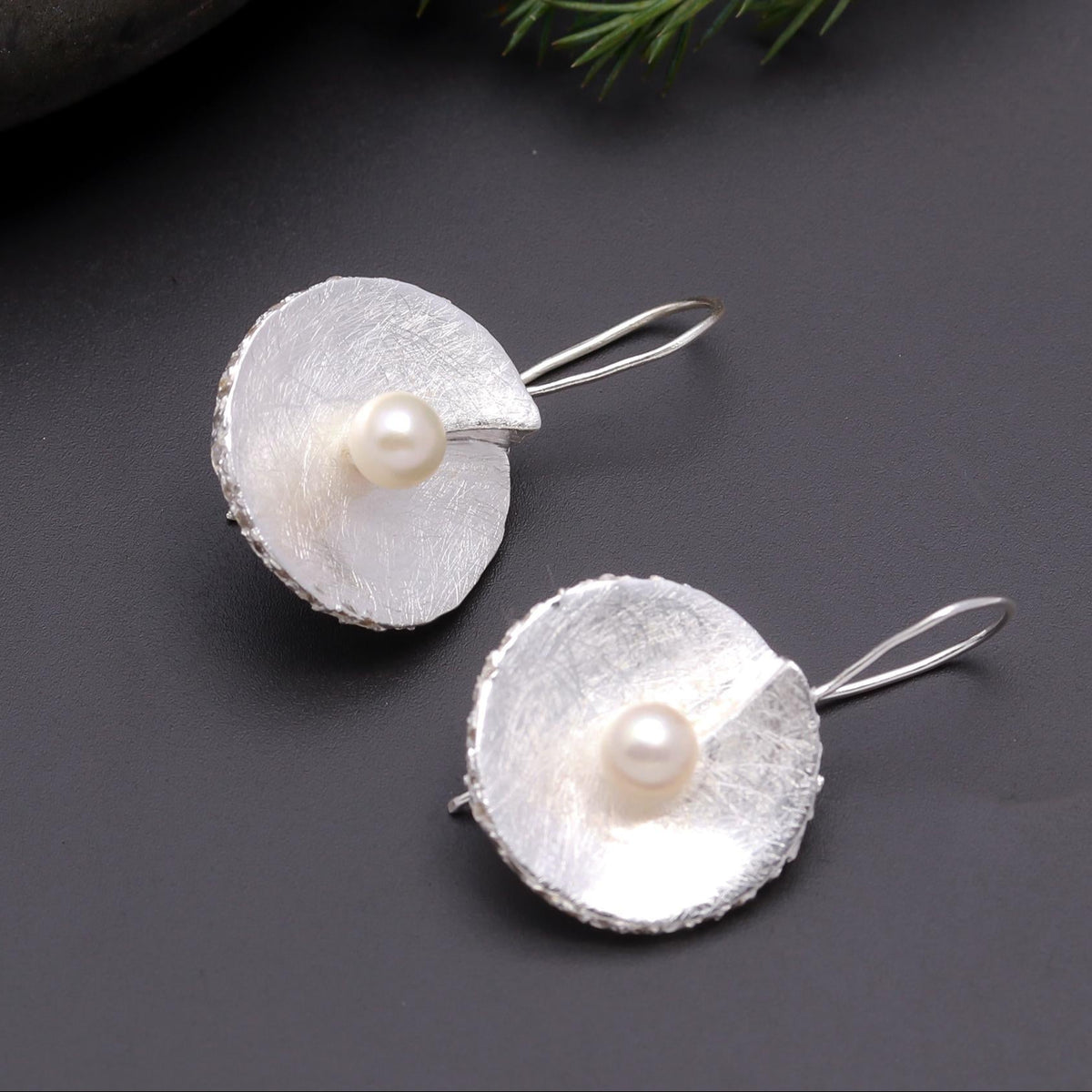 925 Silver Textured Petal Pearls Dangle Earrings