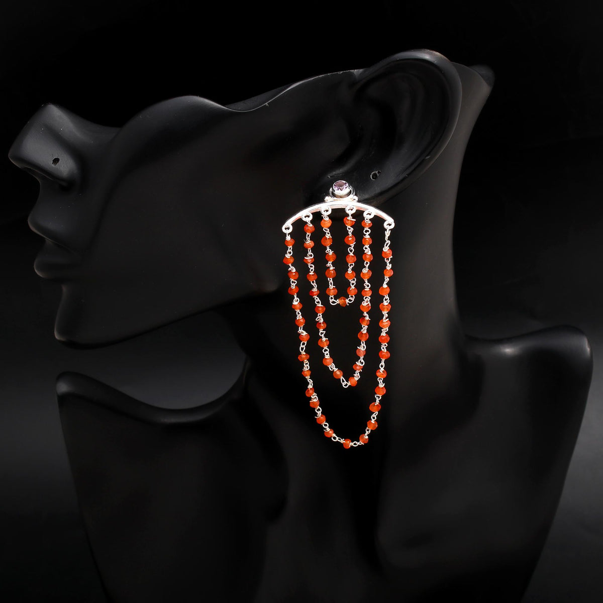 925 Silver Carnelian Beaded Chain Dangle Earrings