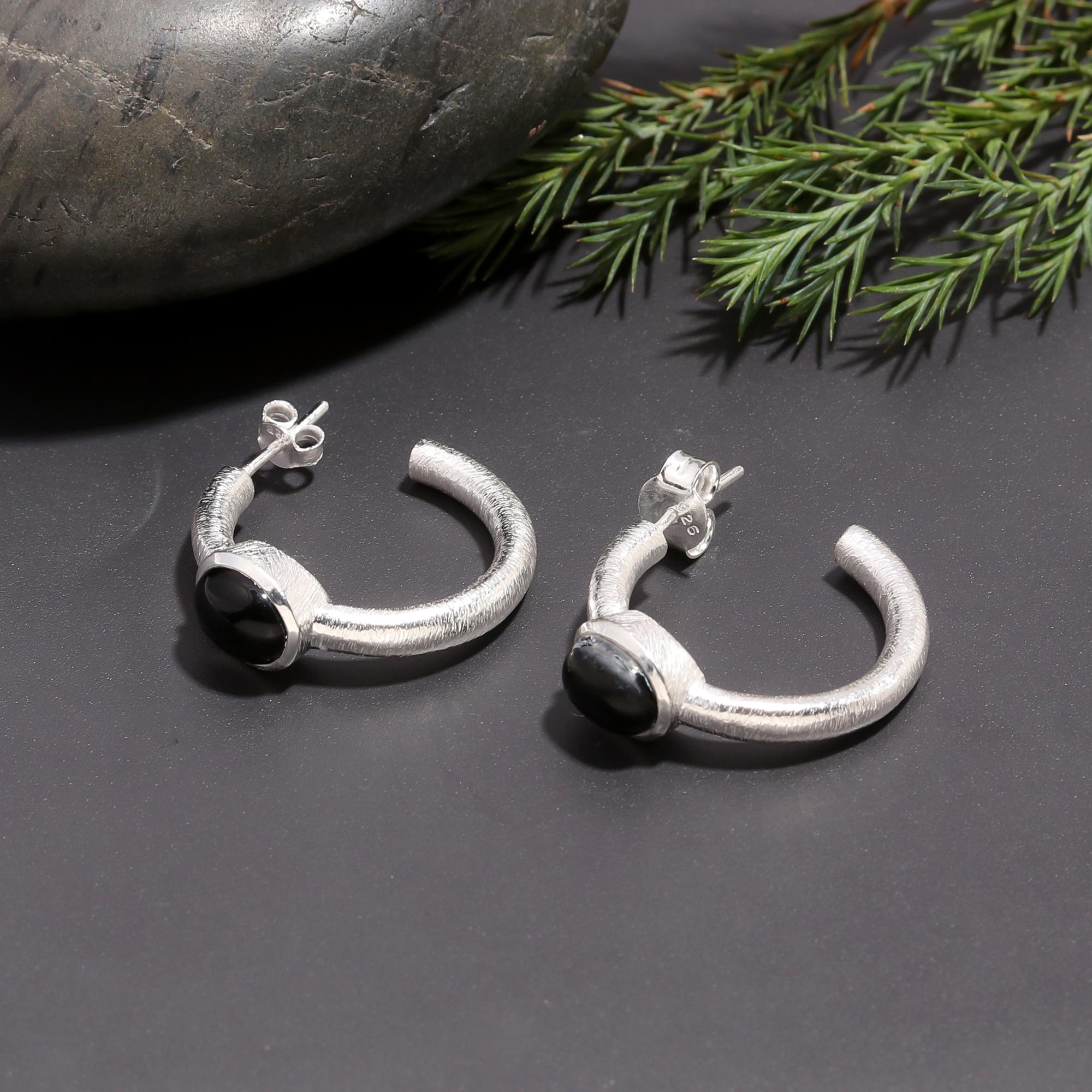 925 Silver Textured Hoop Black Onyx Stud Earrings
