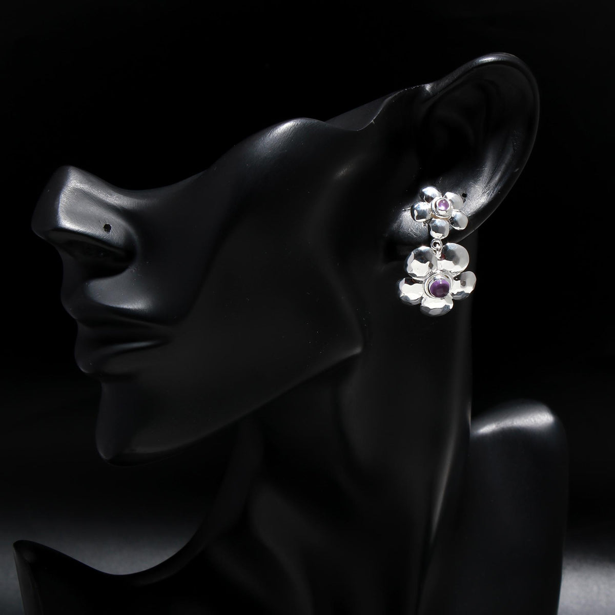 925 Silver Double Flower Amethyst Drop Earrings