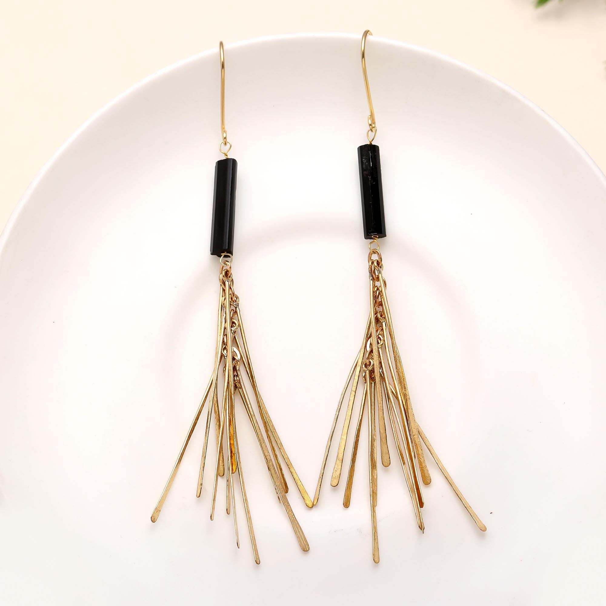 Brass Feather Earrings with Raw Black Tourmaline
