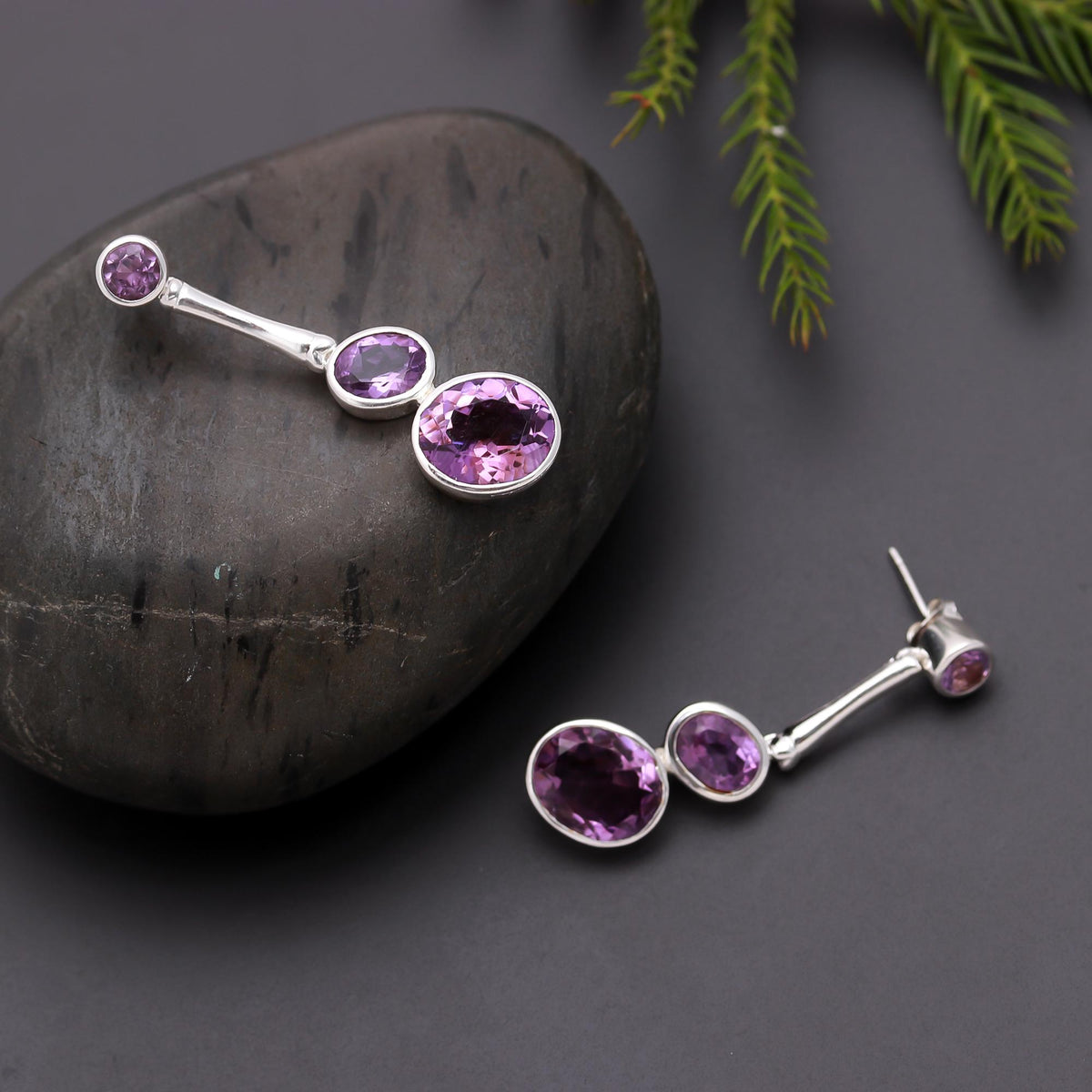925 Silver Multi Oval Amethyst Drop Earrings