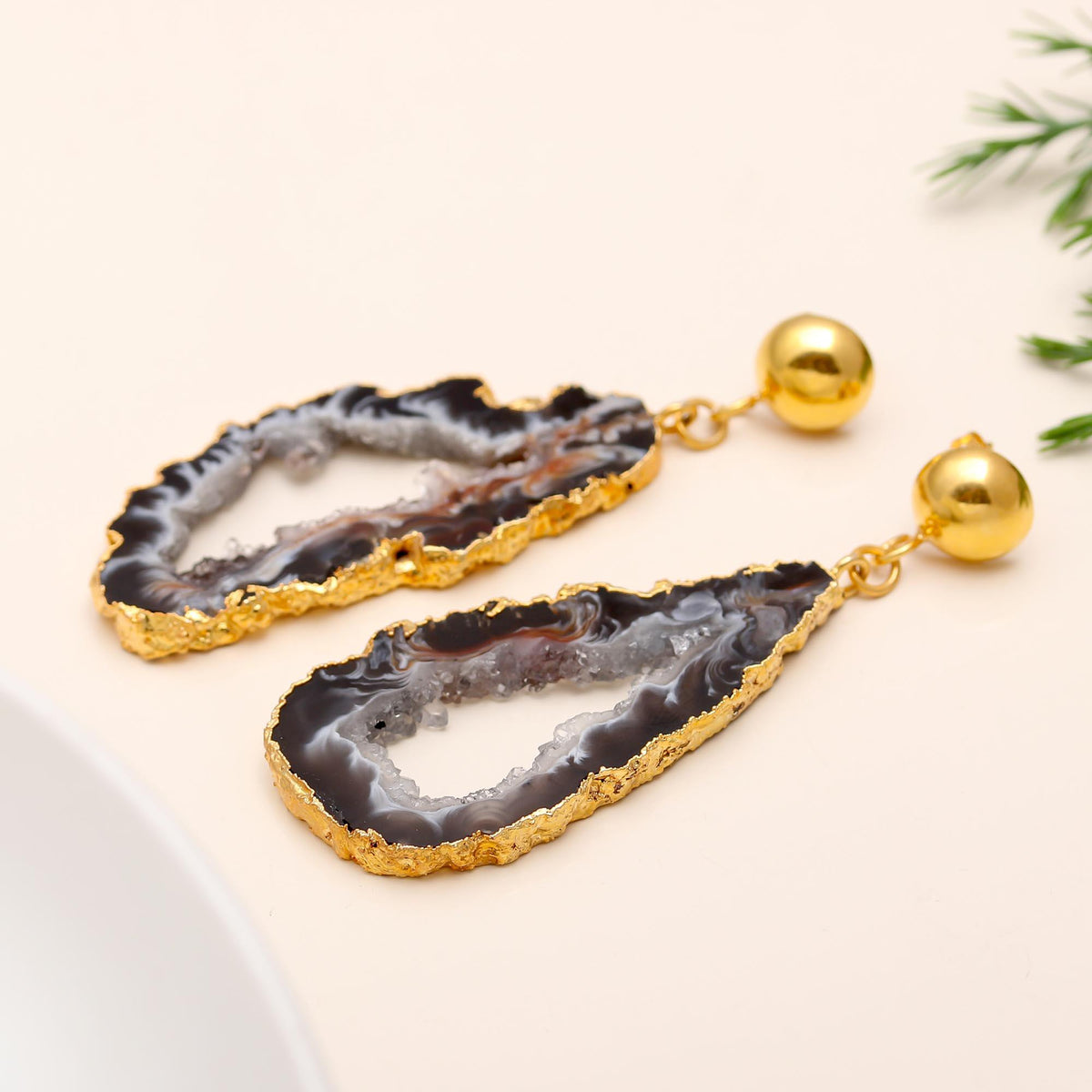 The Midnight Geode: Agate Slice Gold Earrings