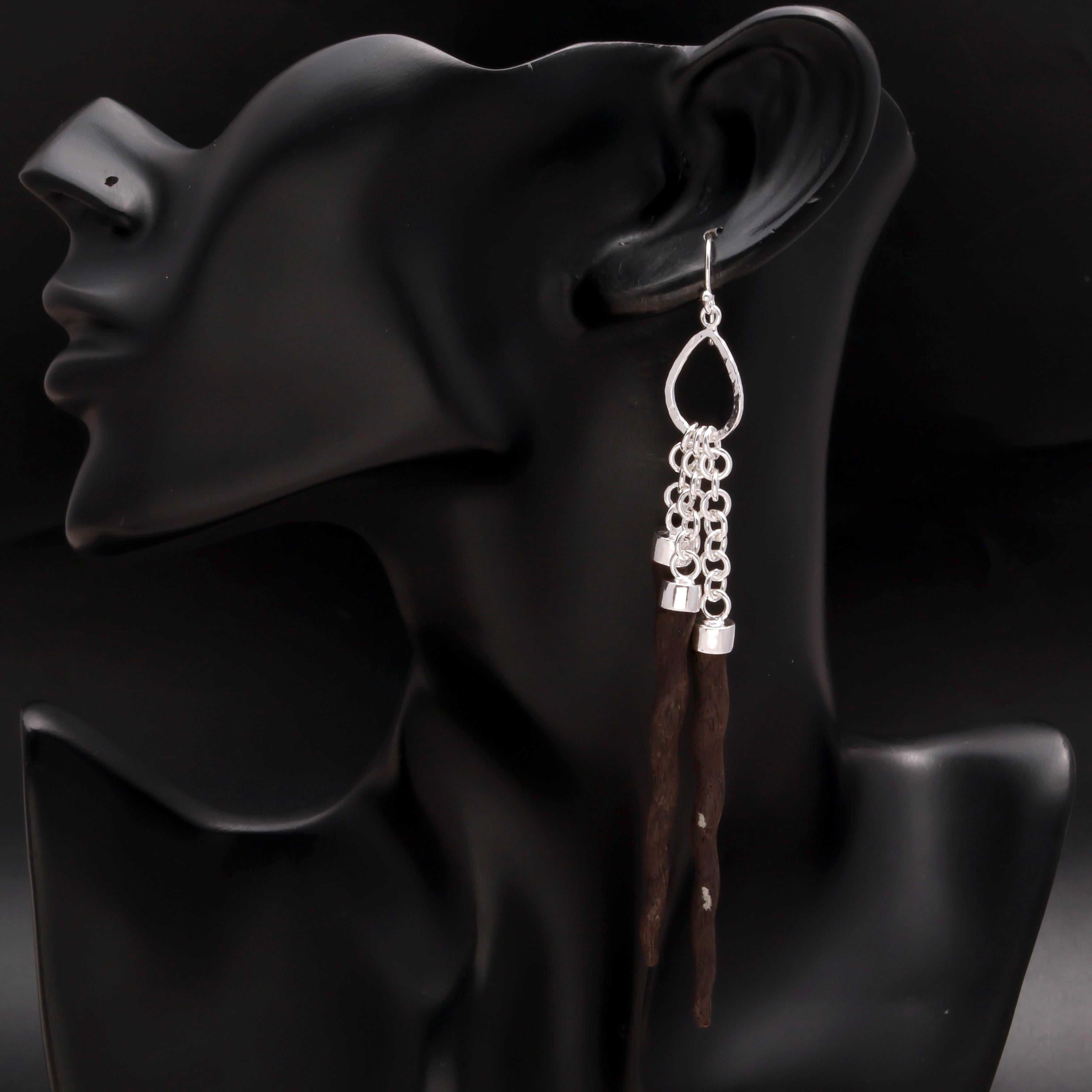 925 Silver Long Wood Stick Dangle Earrings