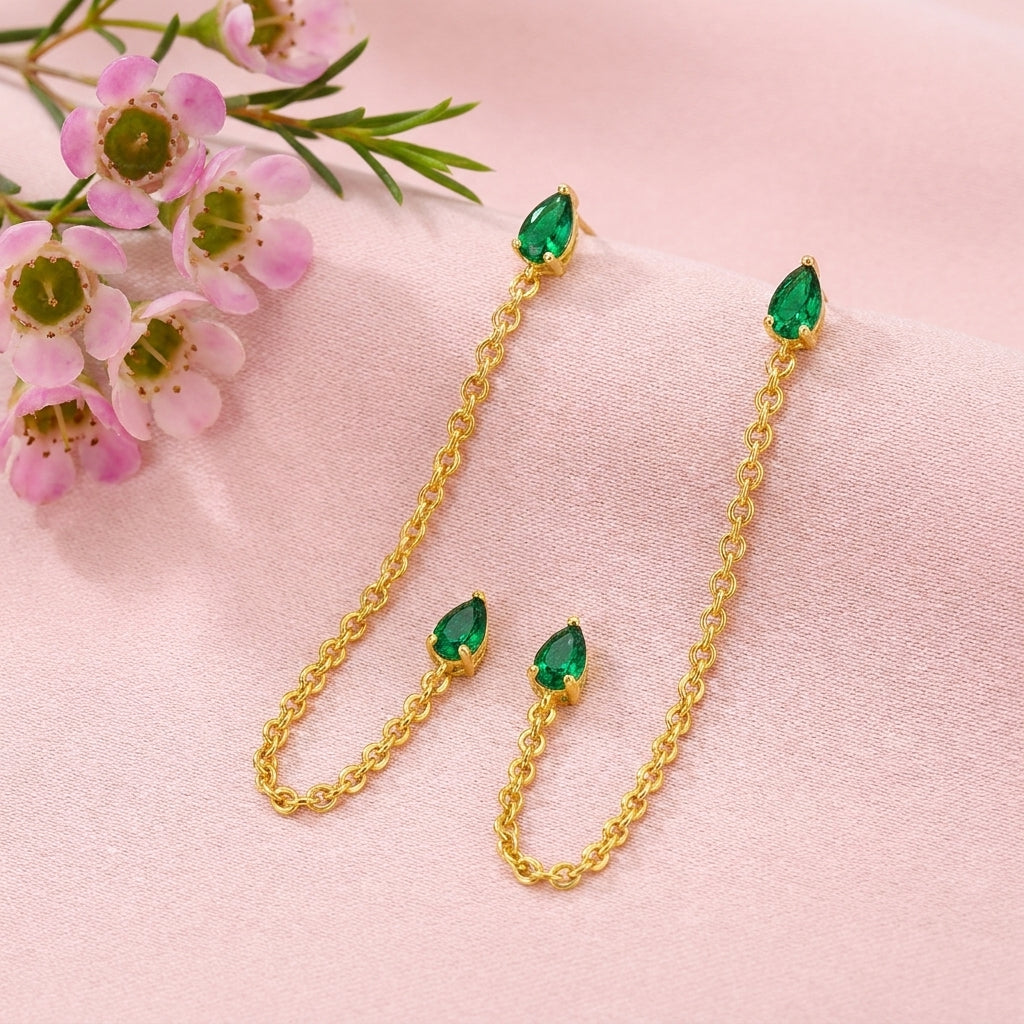 Emerald Drop Ear Chain - 925 Sterling Silver Gold Plated