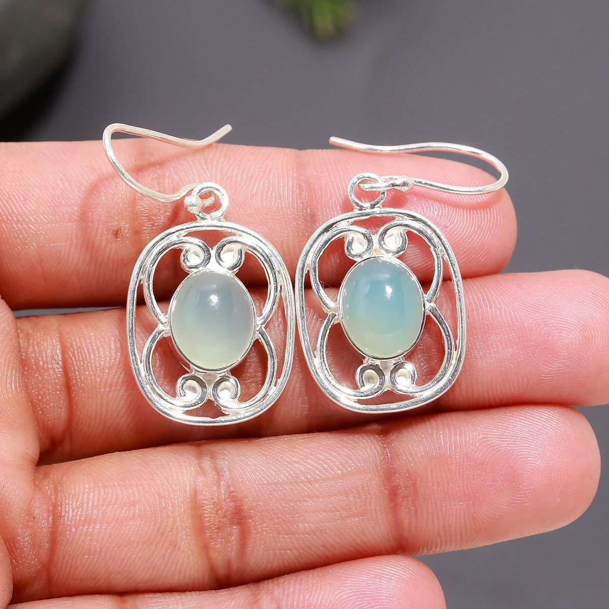 925 Silver Chalcedony Filigree Dangle Earrings