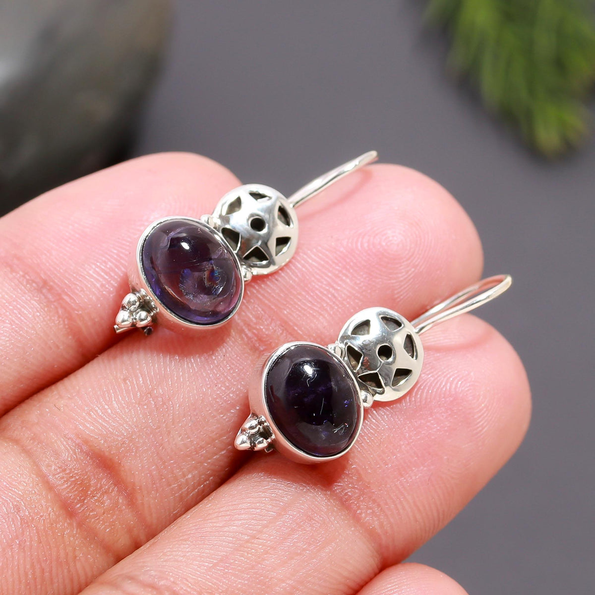 925 Silver Iolite Filigree Dangle Earrings