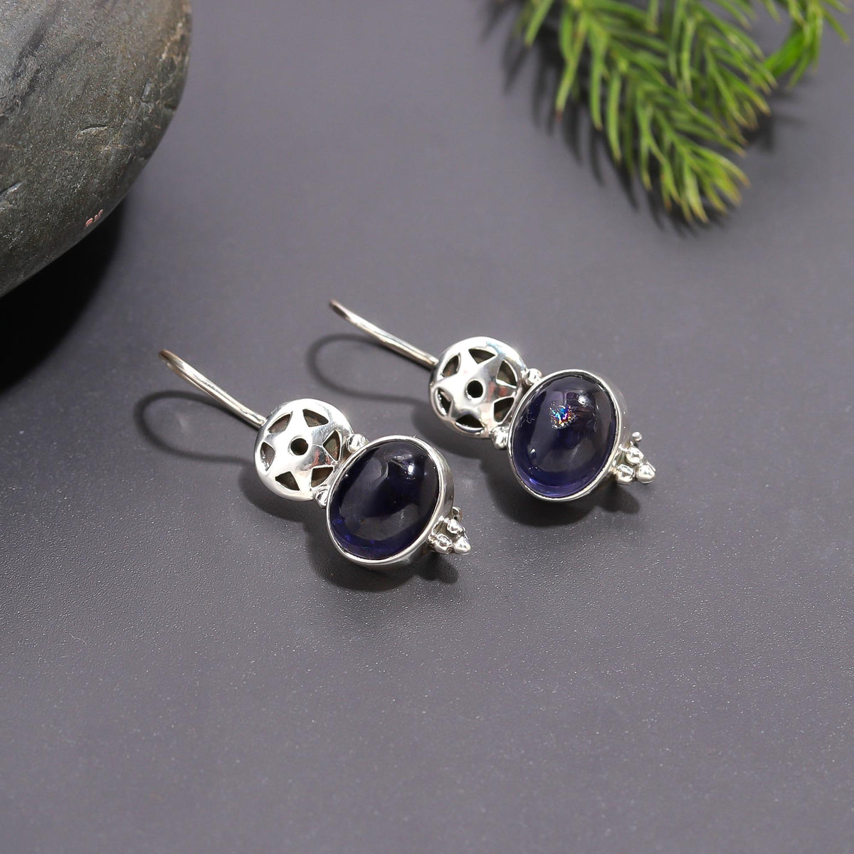 925 Silver Iolite Filigree Dangle Earrings