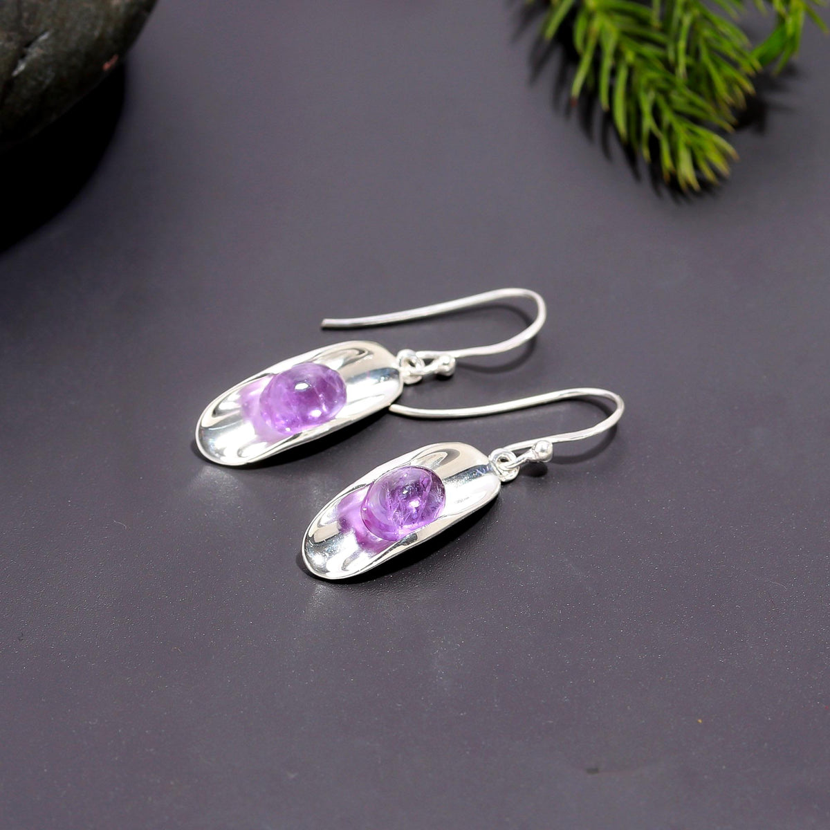 925 Silver Elongated Amethyst Dangle Earrings
