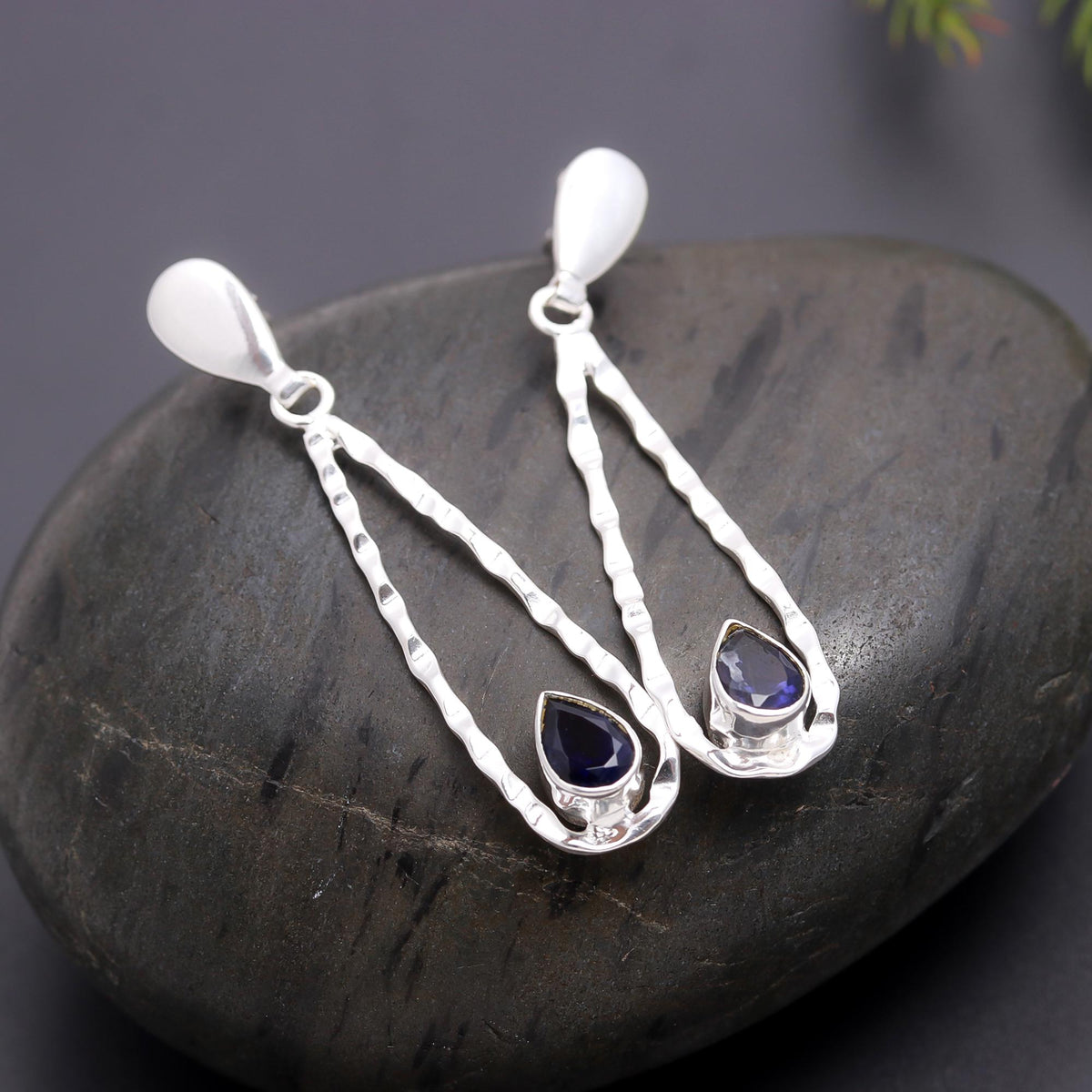 The Artisan Loop: Hammered Silver & Iolite Teardrop Earrings