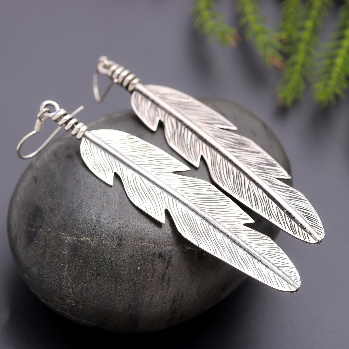 925 Silver Long Feather Dangle Earrings